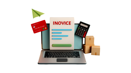 A 3D illustration of a digital invoice on a laptop symbolizing online payments and e-commerce with a credit card calculator and packages nearby