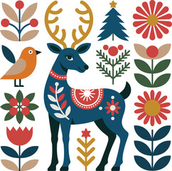 Christmas Vector Design, Merry Christmas Vector Illustration, Holiday Season Vector Art, Christmas Decoration Vector, Winter Christmas Vector Design, Merry Christmas Reindeer Scandinavian Folk ornamen