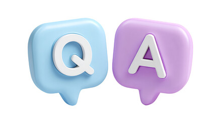 A 3D rendered icon of a blue speech bubble with the letter Q next to a purple speech bubble with the letter A symbolizing a question and answer session