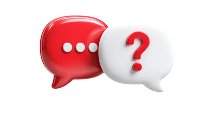 A 3D rendering of a red speech bubble with an ellipsis and a white bubble with a question mark symbolizing communication inquiry and support