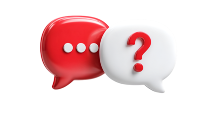 A 3D rendering of a red speech bubble with an ellipsis and a white bubble with a question mark symbolizing communication inquiry and support