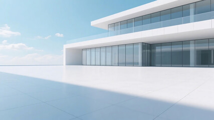 Obraz premium A modern white building with large glass windows stands under a clear blue sky, featuring a minimalist and sleek design.