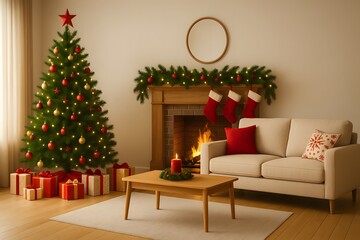 Modern Cozy Christmas Living Room with Fireplace, Sofa, and Decorated Tree – Warm Festive Interior Design for Vertical Mobile Image Display