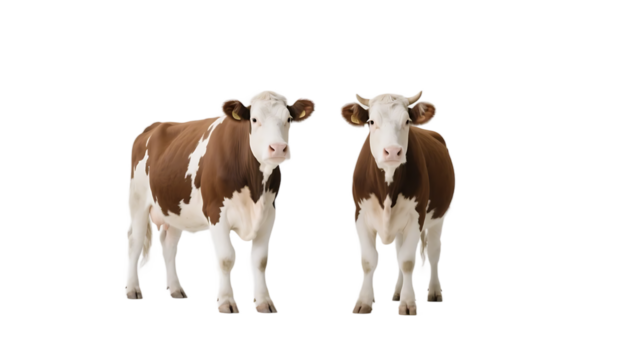 Two cows with brown and white patches are standing side by side, showcasing their natural appearance in an open area.