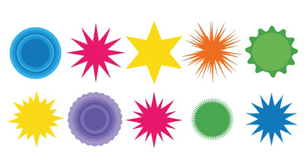 Assorted vibrant vector shapes a collection of colorful starbursts, round badges, and unique decorative elements perfect for graphic design projects, awards, and promotional stickers