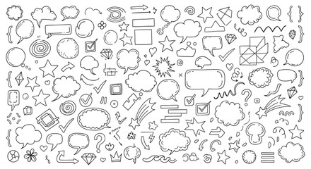 Diverse Hand-Drawn Doodle Elements Collection with Speech Bubbles, Arrows, Stars, and Frames, Perfect for Creative Graphic Design Projects and Dynamic Visual Communication