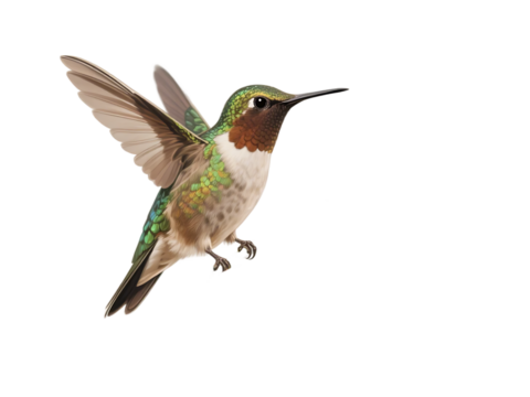 A vibrant hummingbird in mid-flight showcasing its colorful plumage and extended wings.