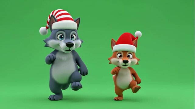 Cartoon Wolf and Fox with Santa Hats - Two cute cartoon characters, a wolf and a fox, are shown against a green screen backdrop. They are both wearing Santa hats and have their arms outstretched.
