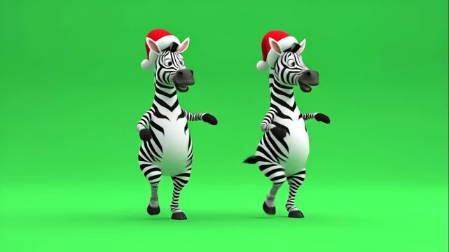 Christmas Zebra Dancing on Green Screen - A cartoon zebra wearing a Santa hat dances with joy against a green screen background.