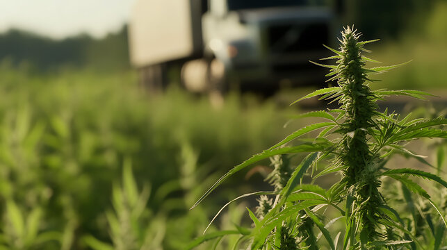 A lush field of green plants, with a truck parked in the distance. The plants are vibrant and full of life, creating a serene and natural scene that captures the essence of the countryside.