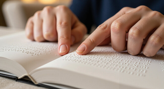 Hands reading braille book with fingers touching text on page  