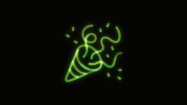 Party Popper Icon Neon Seamless Loop 4K with Black Background Animated Promotional Typography for Video Editing