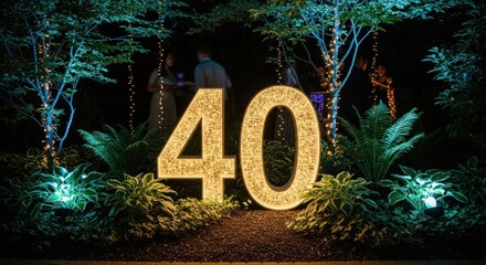 Illuminated number 40 displayed in a garden setting with people celebrating in the background at night.