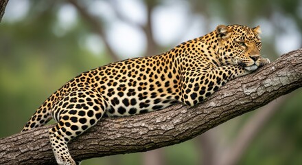 Leopard Resting on Tree Branch in Natural Habitat