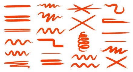 Dynamic collection of red freehand lines, brushstrokes, underlines, strike-throughs, and decorative squiggles, suitable for creative annotations and graphic art projects