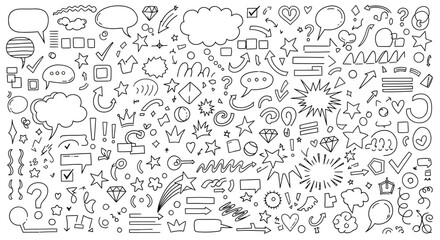 Playful hand-drawn vector doodle collection with speech bubbles, arrows, stars, hearts, and decorative accents for creative graphic design and visual embellishments