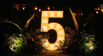 Large illuminated number five displayed among lush greenery at night.