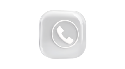 A three-dimensional glossy white telephone icon on a rounded square button representing a phone call or contact information for a digital interface