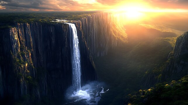 Majestic waterfall cascading down a steep cliff face, illuminated by the warm glow of the setting sun, creating a breathtaking natural spectacle