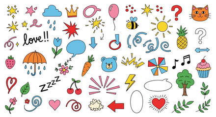 Delightful Hand-Drawn Doodle Collection A Whimsical Assortment of Colorful Symbols, Nature Elements, and Expressive Icons for Engaging Design Projects
