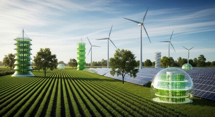 Futuristic eco-city concept showcasing sustainable energy and agricultural integration.