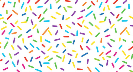 Seamless pattern with vibrant, multi-colored confectionery sprinkles scattered across a crisp white background, perfect for festive designs, sweet themes, and playful celebrations