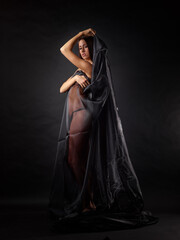 On a dark background is the figure of an attractive woman dressed in a black robe. Her bare shoulders and chest are covered with her hand, and she is wearing only panties.