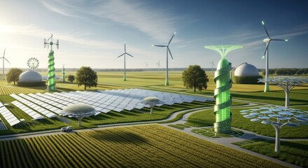 Futuristic landscape showcasing renewable energy sources, sustainable farming, and eco-friendly structures.