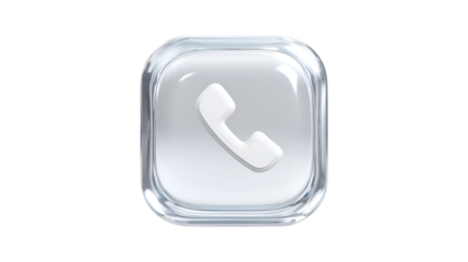 A white telephone receiver symbol is encased in a glossy transparent rounded square button for a modern phone icon