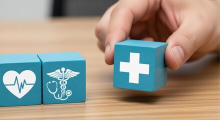 A hand placing a medical symbol block next to others.