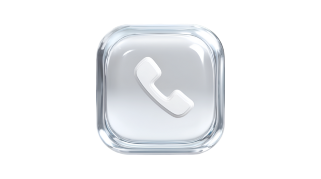 A white telephone receiver symbol is encased in a glossy transparent rounded square button for a modern phone icon - Powered by Adobe