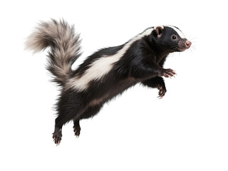 A black and white skunk is seen leaping in mid-air, showcasing its distinctive striped pattern and bushy tail against a white background.