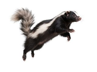 A black and white skunk is seen leaping in mid-air, showcasing its distinctive striped pattern and bushy tail against a white background.