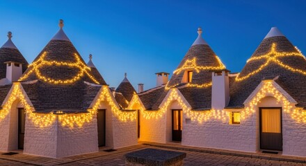 Whitewashed trulli buildings adorned with festive lights at dusk, creating a warm, inviting atmosphere.
