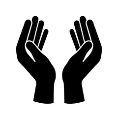 Obraz premium Black silhouette of two human hands held up in a cupped position, minimal flat graphic style, isolated on white background, symbolizing prayer or offering