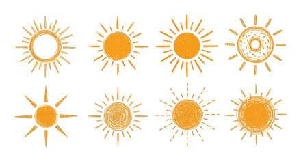 Vibrant collection of hand-drawn sun illustrations in diverse graphic styles, featuring artistic sketches and abstract designs perfect for summer, weather, and cheerful branding
