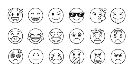 Modern graphic collection of outlined emoji icons, illustrating a vast spectrum of human emotions including delight, love, surprise, sorrow, and irritation, suitable for contemporary digital designs