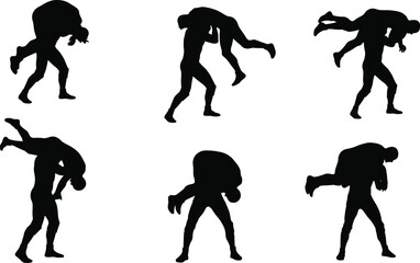 Wrestling silhouette collection, wrestler executing a fireman's carry takedown lift, grappler lifting opponent poses, combat sport, intense martial arts power and strength.