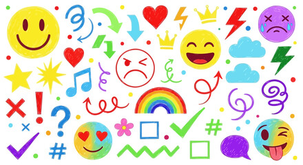 Whimsical collection of hand-drawn emojis and vibrant doodle symbols. Expressive vector elements for playful design, communication, and diverse emotional themes