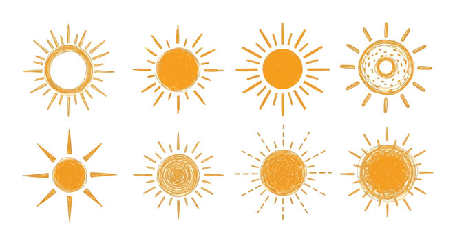 Vibrant collection of hand-drawn sun illustrations in diverse graphic styles, featuring artistic sketches and abstract designs perfect for summer, weather, and cheerful branding