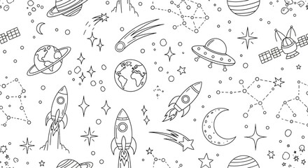 Whimsical hand-drawn seamless pattern featuring a detailed cosmic journey with rockets, planets, stars, and celestial elements, perfect for creative and educational designs