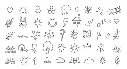Whimsical Collection of Hand-Drawn Outline Vector Icons Cute Doodle Elements for Digital Design, Stickers, Bullet Journals, and Creative Graphic Projects