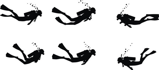 Scuba Diving Silhouette Set Underwater Exploration Adventure Collection Black and White Mask Fin Tank Ocean Deep Water Sports Minimalist Graphics

.