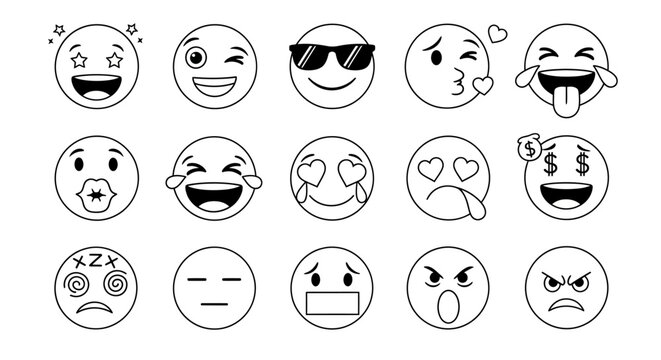 Versatile collection of outline emoji icons, depicting a broad spectrum of human emotions and facial expressions, perfect for digital communication and creative graphic design projects