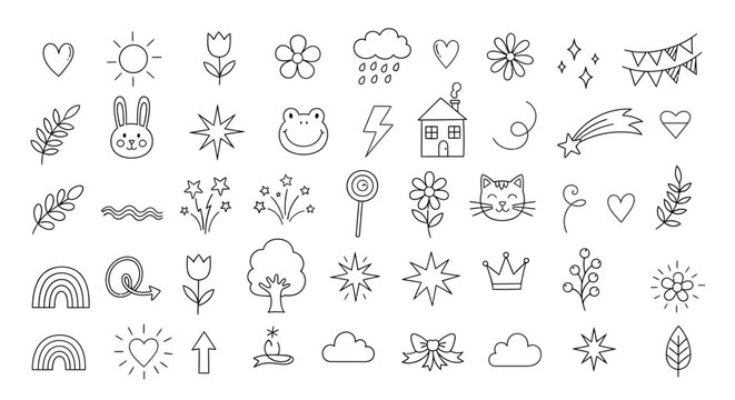 Whimsical Collection of Hand-Drawn Outline Vector Icons Cute Doodle Elements for Digital Design, Stickers, Bullet Journals, and Creative Graphic Projects