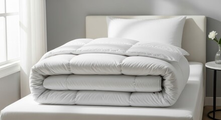 A neatly folded white comforter sits on a bed with a pillow and side table, bathed in soft light from a nearby window.
