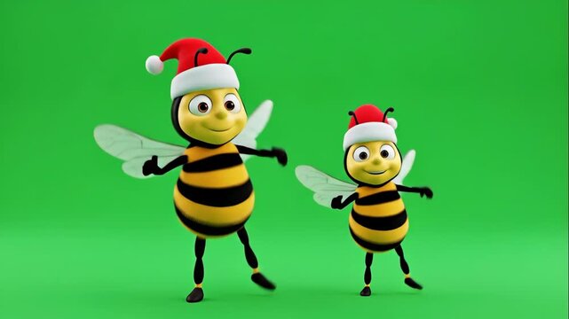 Christmas Bees on Green Screen - Two cartoon honey bees wearing Santa hats dance on a green screen background. The bees are yellow and black striped with transparent wings.