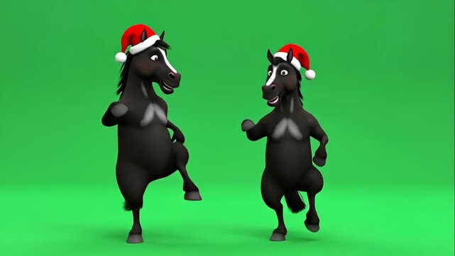 Cartoon Horse Wearing Santa Hat Dancing - Two animated cartoon horses, both wearing Santa hats, are dancing on a green screen.