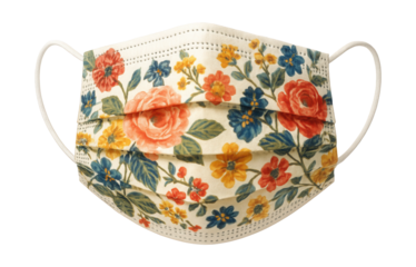 Floral-patterned surgical mask with pleats and ear loops.