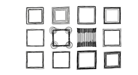 Diverse collection of hand-drawn square frames and borders, featuring a variety of sketchy, artistic, and unique styles for creative graphic design projects, digital art, and visual content